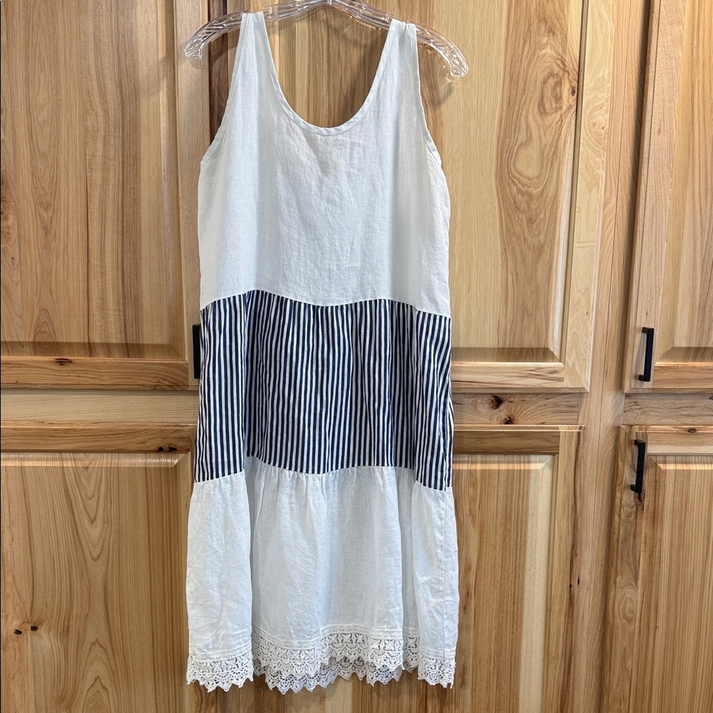 Rosemarine Made in Italy Sleeveless Linen Midi Dress Navy Stripe Crochet Hem M